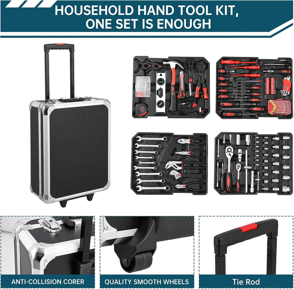 Coffret d'outils de mécanicien de 800 pièces avec valise à roulettes en aluminium, comprenant un ensemble complet de douilles et de clés, ainsi que des outils à main. Coffret à outils portable pour garage, idéale pour la réparation automobile, l'entr