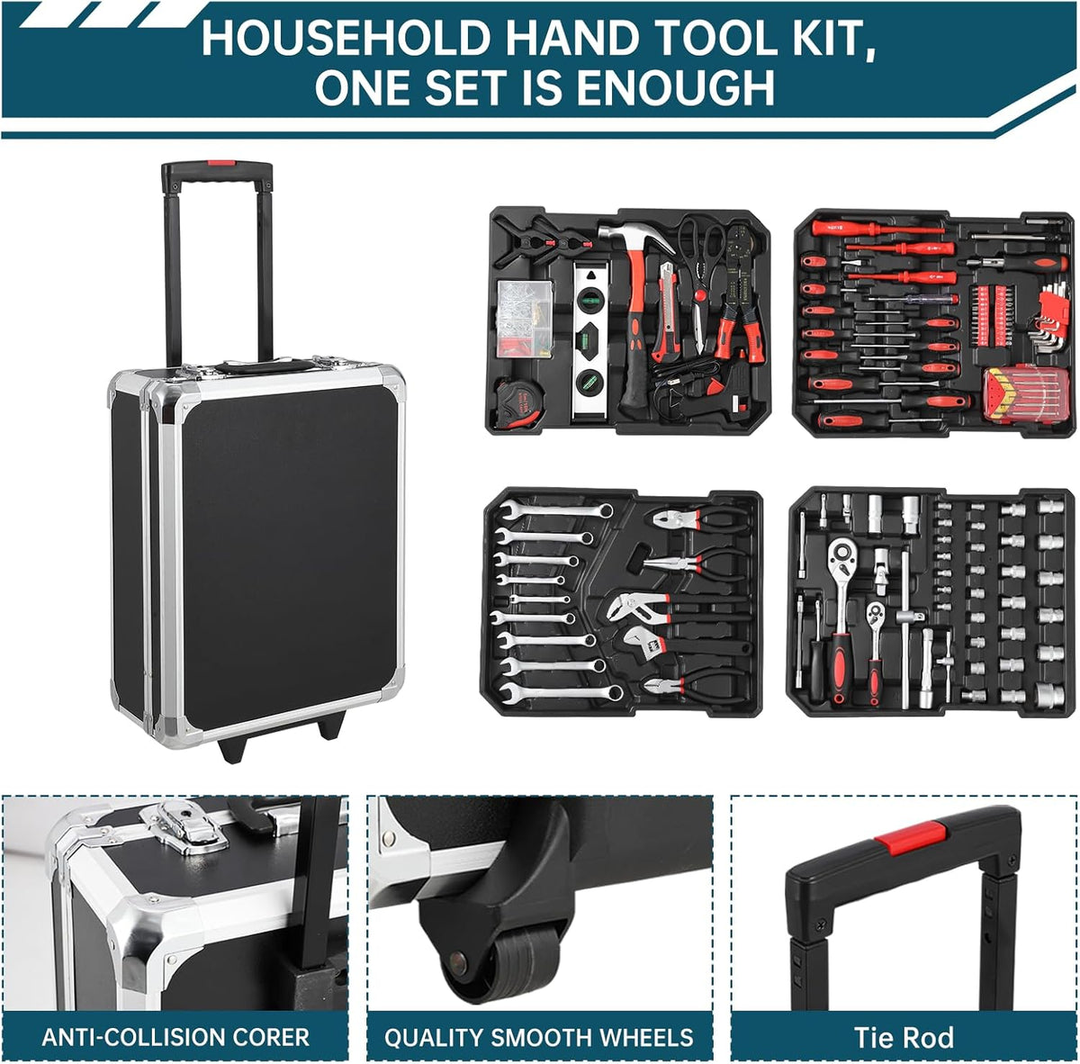 Coffret d'outils de mécanicien de 800 pièces avec valise à roulettes en aluminium, comprenant un ensemble complet de douilles et de clés, ainsi que des outils à main. Coffret à outils portable pour garage, idéale pour la réparation automobile, l'entr