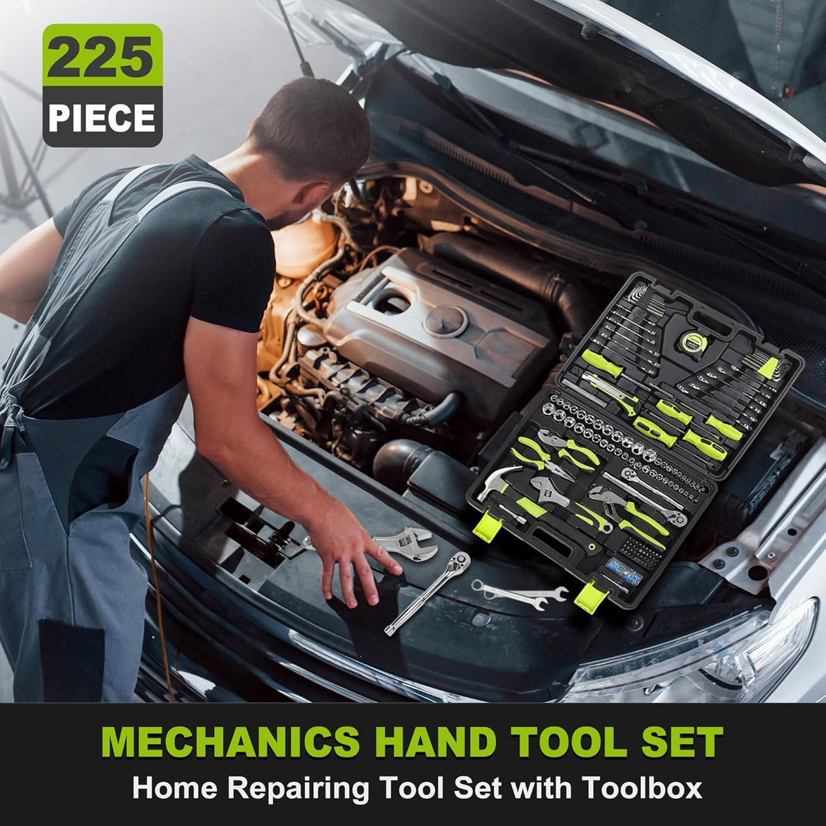 Ensemble d'équipements FASTPRO 225 pièces destiné à la maison et l'automobile, comprenant une boîte à équipements et des équipements à main destiné à mécaniciens (mesures SAE et métriques). Idéal destiné à le bricolage, l'entretien de la maison...