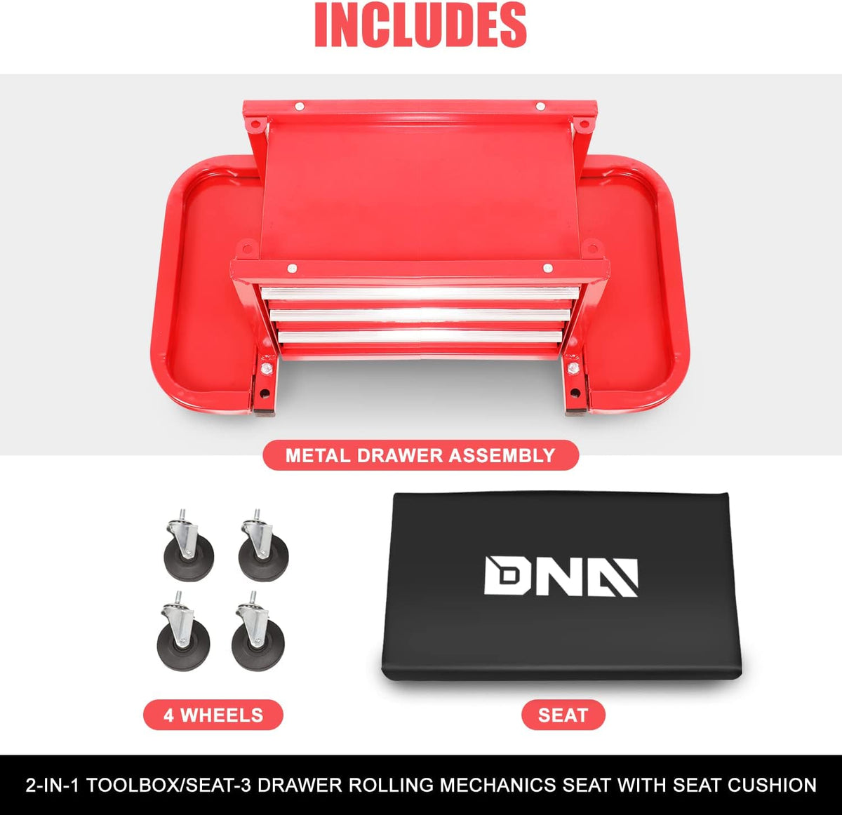 Coffre à outils à 3 tiroirs DNA Motoring TOOLS-00261 avec siège de mécanicien roulant et plateaux à outils, capacité de charge maximale de 159 kg (350 lb), rouge – Pratique