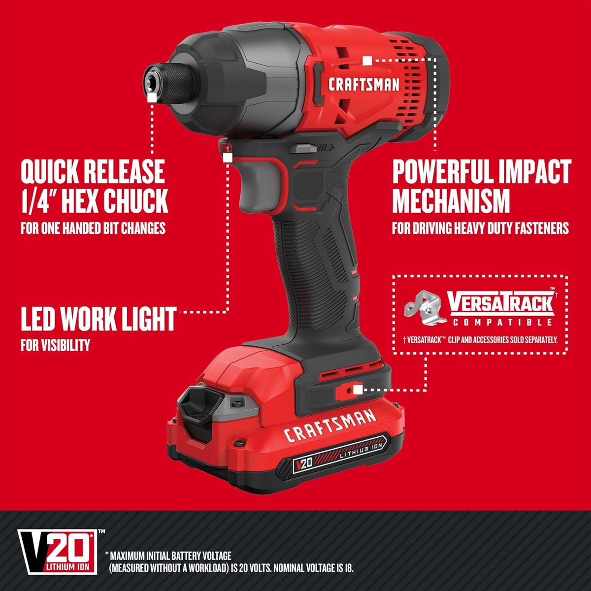 Ensemble perceuse-visseuse et visseuse à percussion sans fil CRAFTSMAN V20 MAX, comprenant 2 batteries, un chargeur, une lampe pour travail LED, 2 embouts et un sac (CMCK200C2)