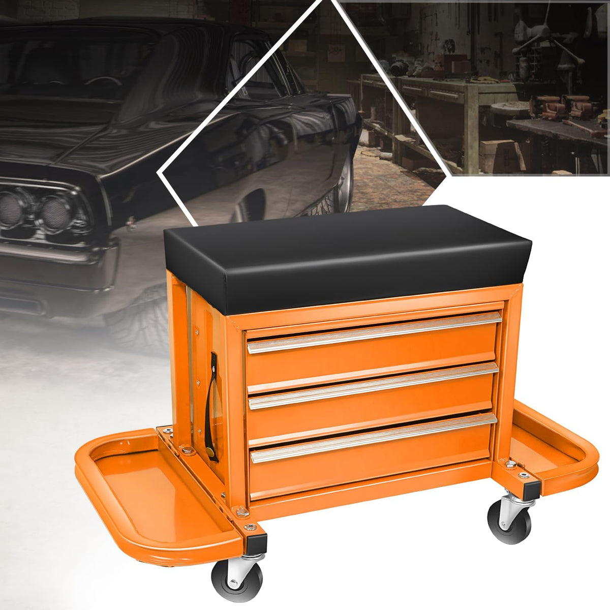 Coffre à outils à 3 tiroirs PM PERFORMOTOR avec siège de mécanicien roulant et plateaux à outils, capacité de charge maximale de 159 kg, orange, PM-TOL-RST1-OG – Pratique