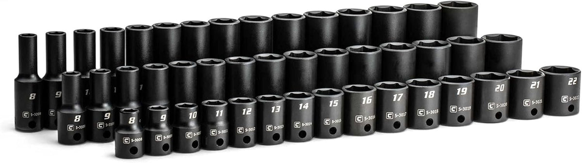 Ensemble de douilles à impact Capri Tools 3/8 po (8 à 22 mm), courtes, semi-profondes et profondes, métrique, 45 pièces