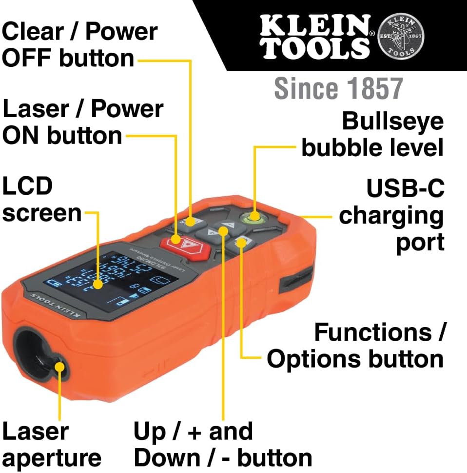 Télémètre laser Klein Tools, mesures en pieds, pouces et mètres – sélection pratique