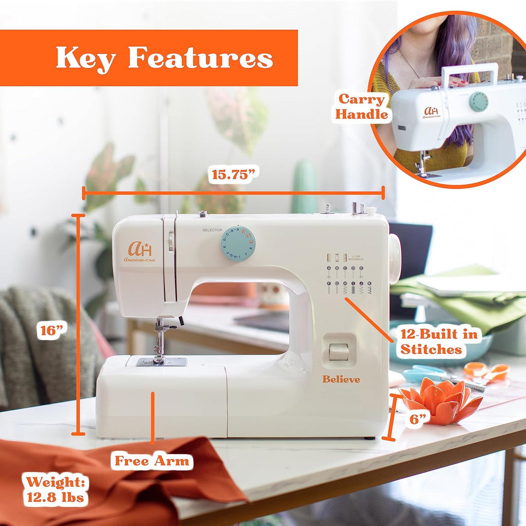 La machine à coudre destiné à débutants Believe d'American Home facilite la couture destiné à les débutants grâce à sa petite machine à coudre portable dotée de 12 points intégrés, d'un contrôle automatique des points et de décalcomanies...