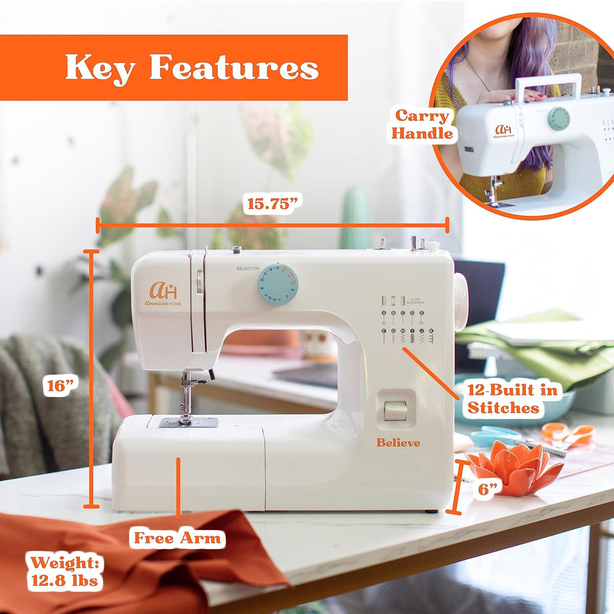 La machine à coudre destiné à débutants Believe d'American Home facilite la couture destiné à les débutants grâce à sa petite machine à coudre portable dotée de 12 points intégrés, d'un contrôle automatique des points et de décalcomanies...