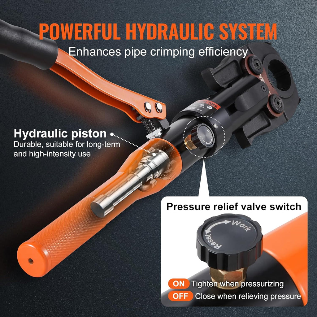 Dispositif de sertissage de tubes en cuivre VEVOR, presse hydraulique doté de mâchoires de 1/2, 3/4 et 1 pouce, sertisseur de tubes en cuivre destiné à espaces restreints et raccords en T