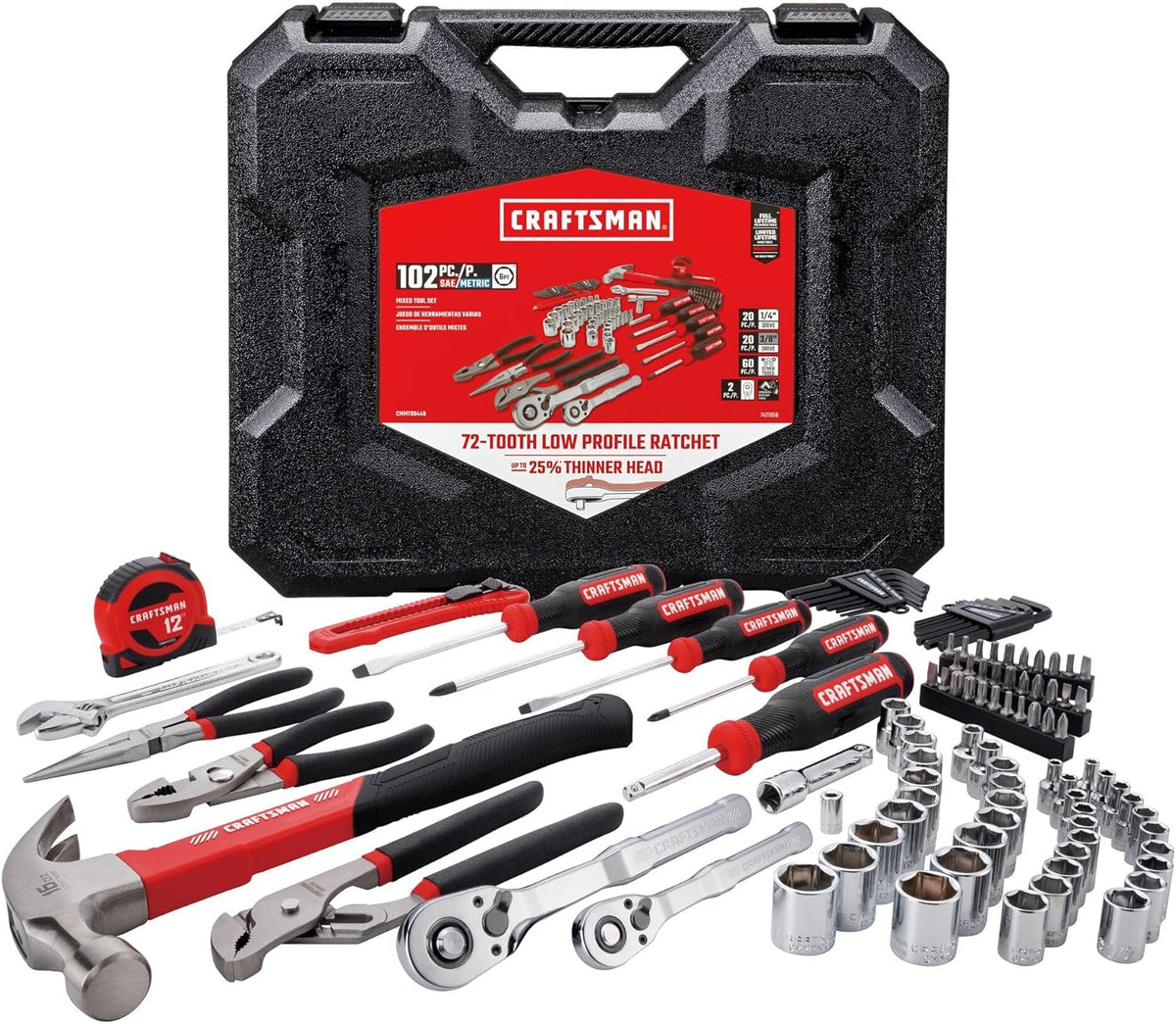 Ensemble d'équipements CRAFTSMAN 102 pièces destiné à la maison et la voiture, ensemble d'équipements à main durables doté de jeu de douilles SAE et métriques, tournevis, clé, marteau, pinces, couteau, clés hexagonales, embouts spéciaux, ruban à...