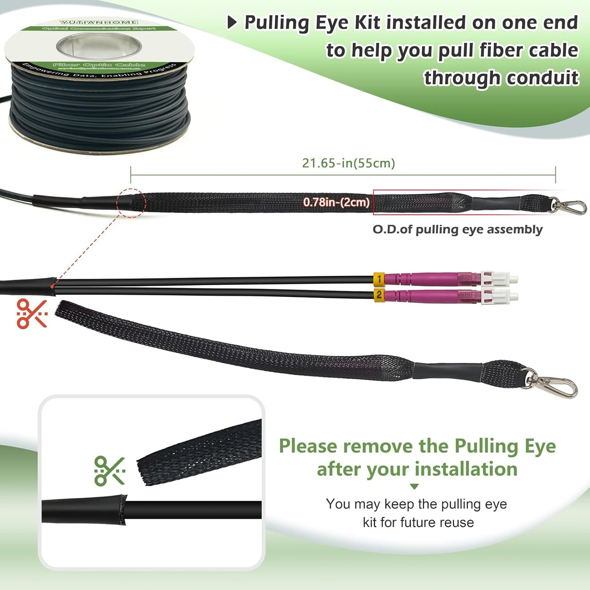 Câble de brassage fibre optique multimode duplex blindé OM4 LC-LC, 150 m (500 pi), diamètre extérieur 5 mm, en TPU industriel, 40G/100G 50/125 Gbit/s, doté de kit d'œillet de traction installé à une extrémité.