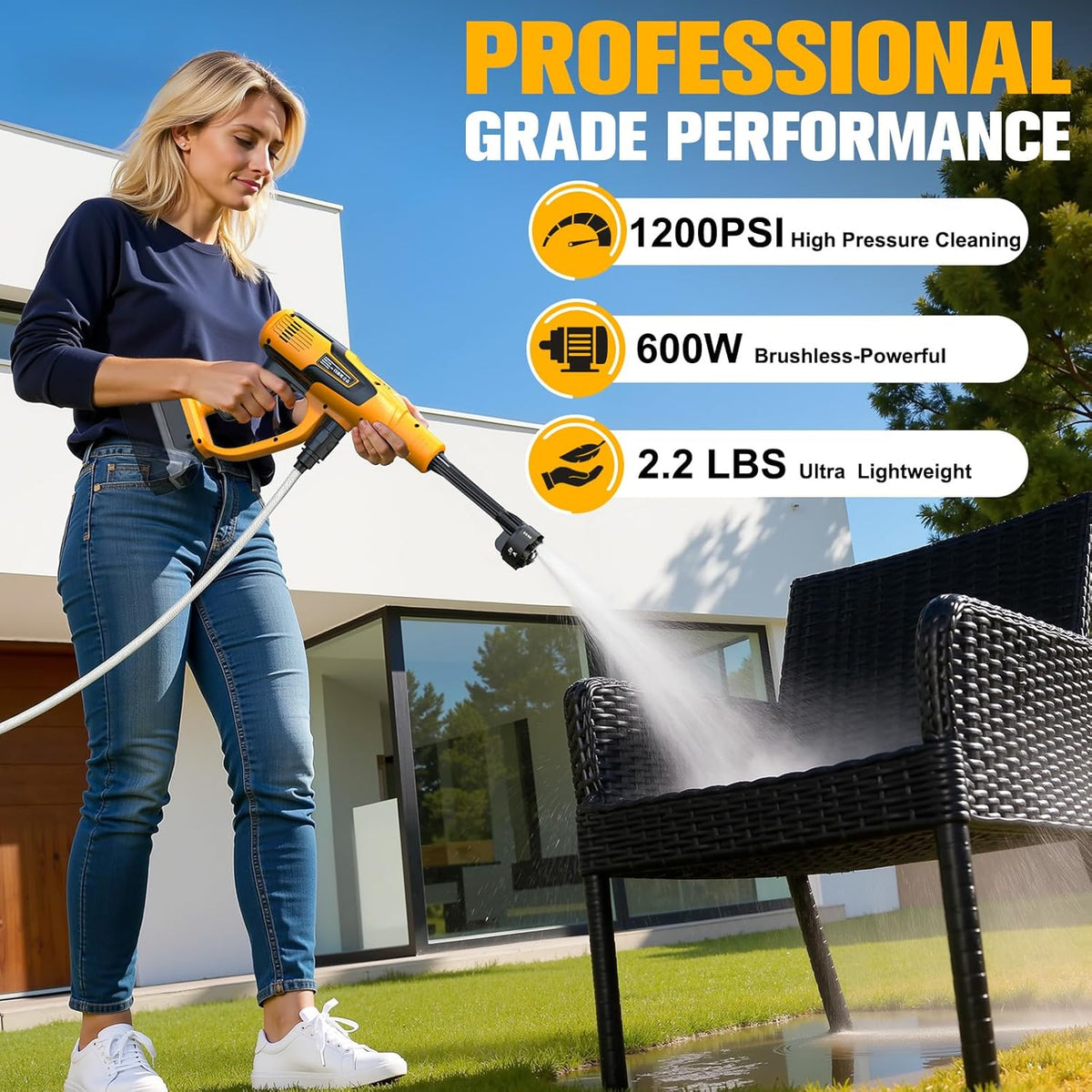 équipements de nettoyage destiné à voiture, 600 W, moteur sans balais, buse 6 en 1 et canon à mousse destiné à voiture, terrasse, clôture (jaune)