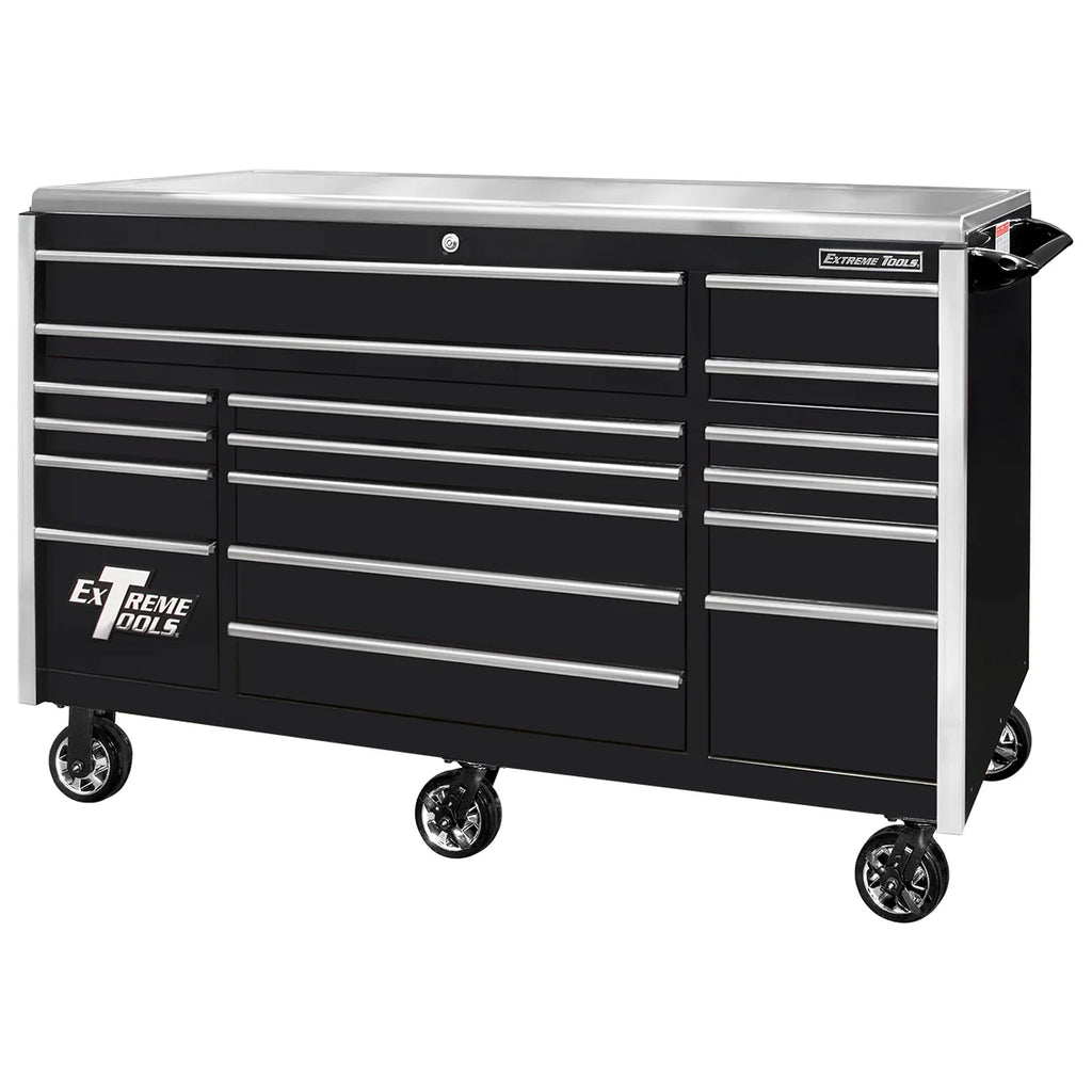 Armoire à roulettes Extreme Tools Professional EXQ 72″ à dégagement rapide et triple rangée pour 17 tiroirs (noir-aluminium)