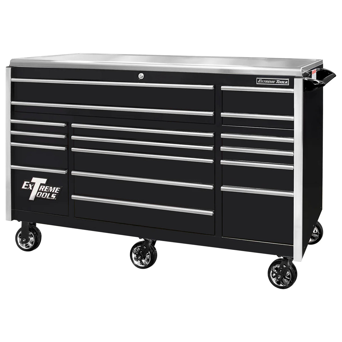 Armoire à roulettes Extreme Tools Professional EXQ 72″ à dégagement rapide et triple rangée pour 17 tiroirs (noir-aluminium)