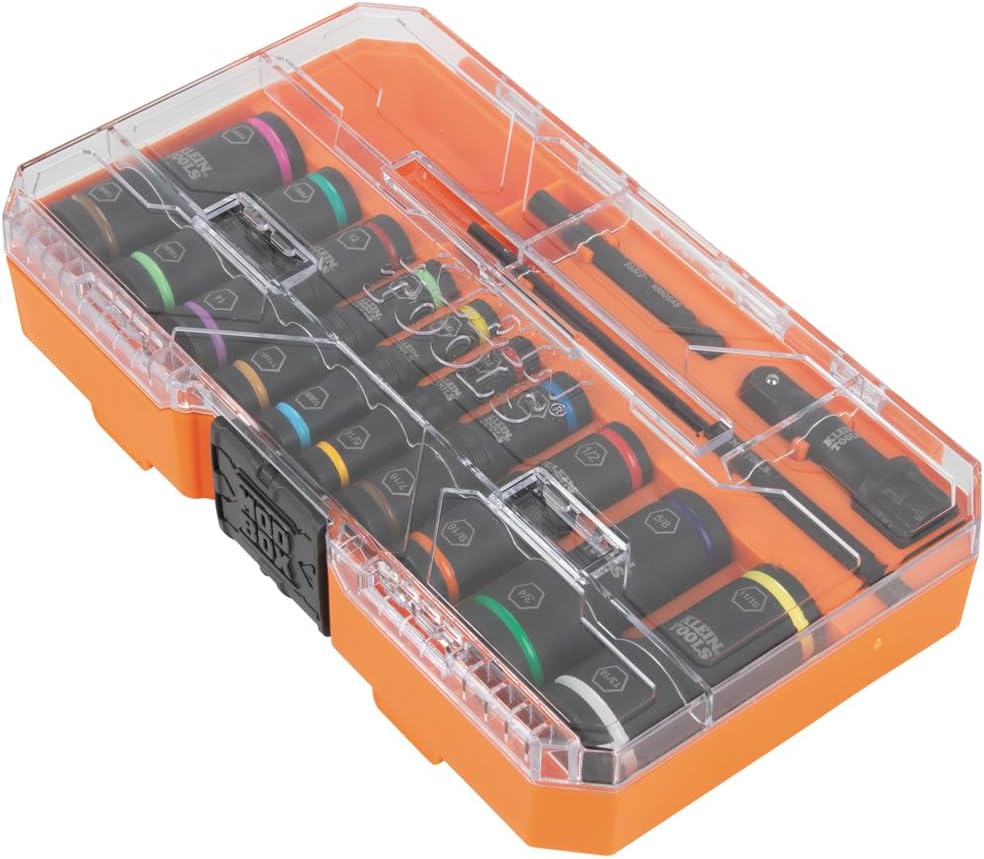 Ensemble de douilles à impact profondes Klein Tools 65239 KNECT Flip-20, 20 tailles SAE et métriques doté de coffret MODbox, douilles robustes à charnière doté de adaptateurs 1/4 et 3/8 pouces
