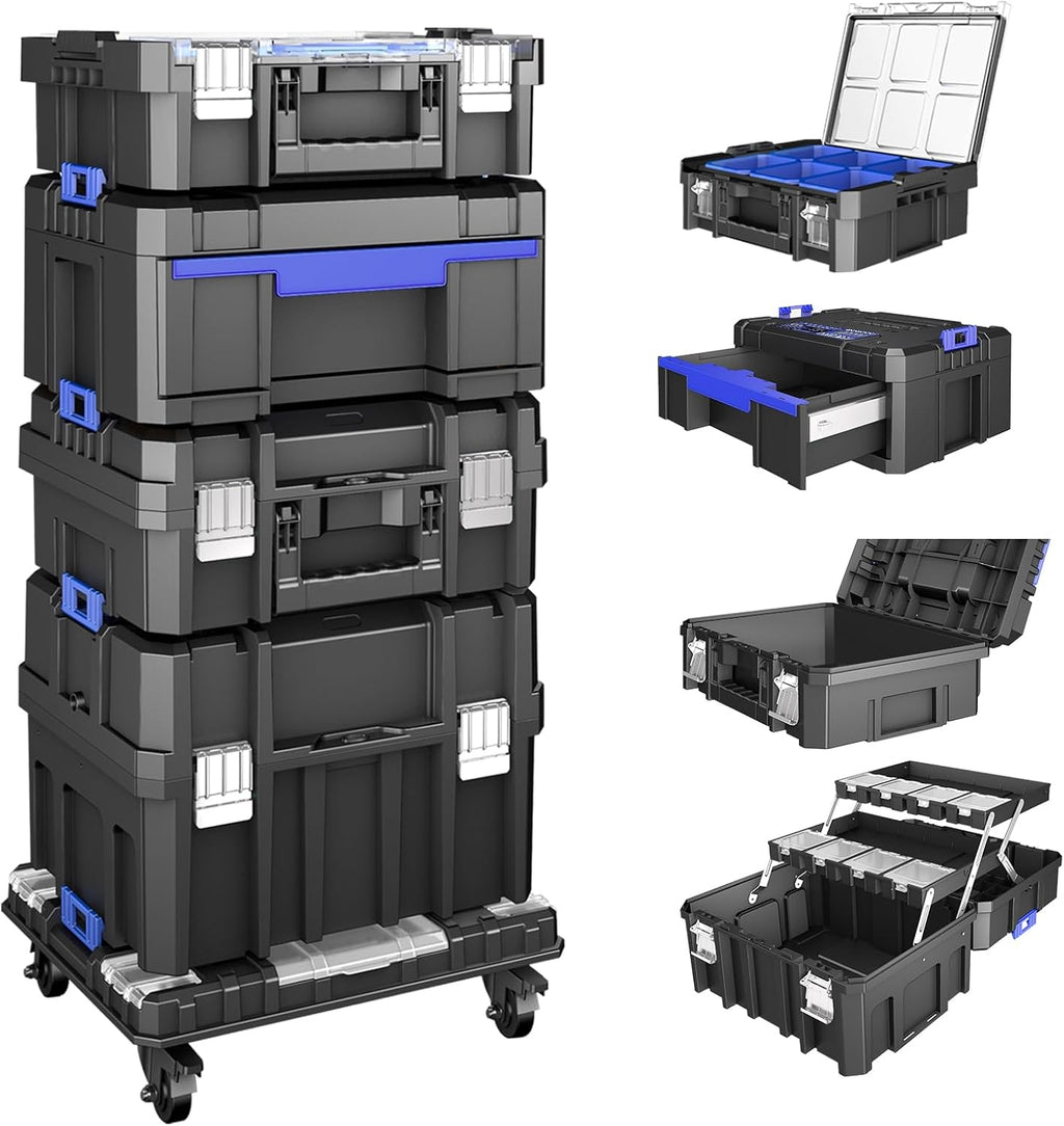 Coffre à outils pratiques empilable à 5 niveaux avec roulettes, coffre à outils roulant avec tiroirs, organisateur d'outils modulaire, coffre à outils portable avec compartiment transparent pour les pièces, coffre à outils grande capacité, pour le ra