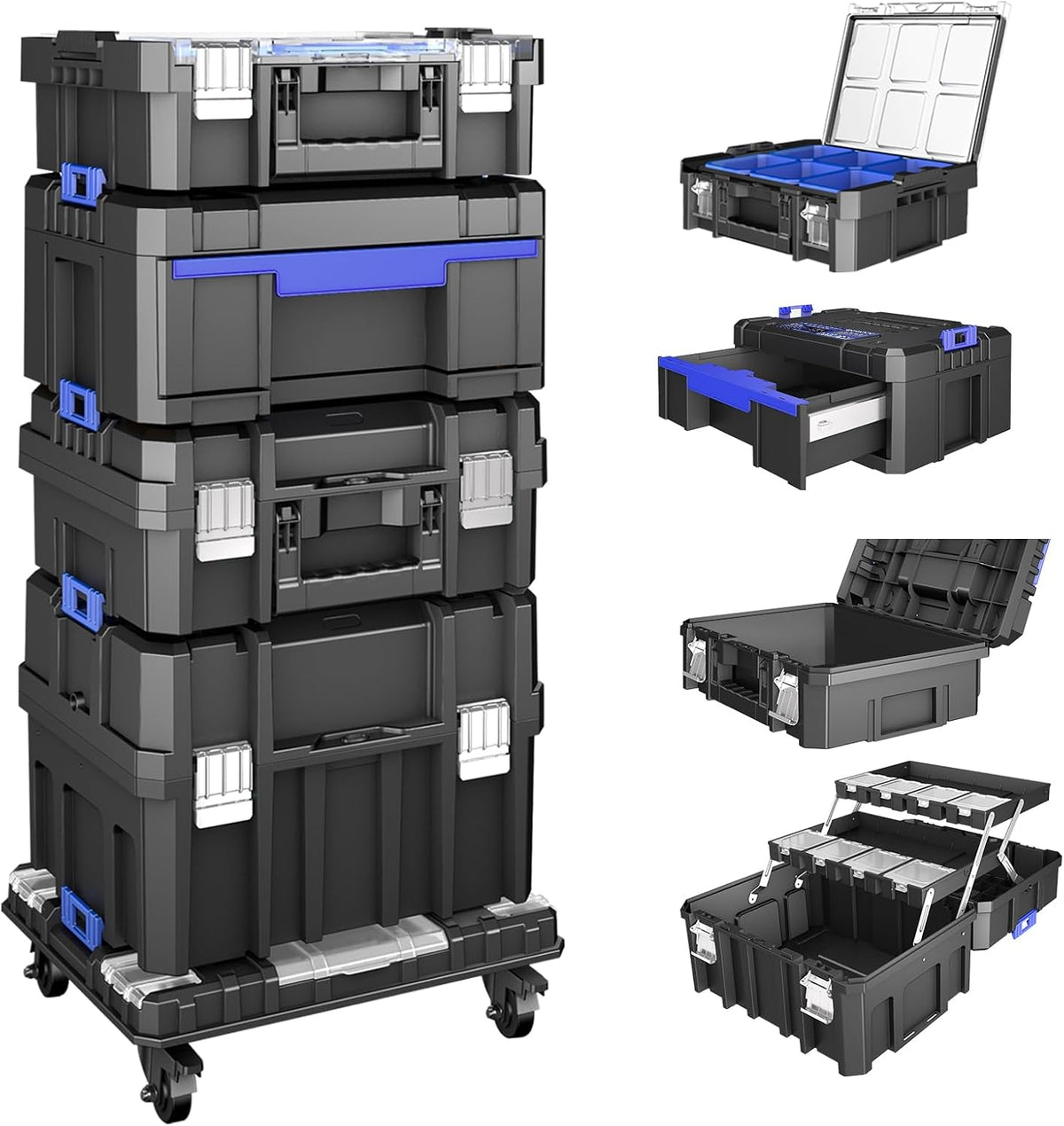 Coffre à outils pratiques empilable à 5 niveaux avec roulettes, coffre à outils roulant avec tiroirs, organisateur d'outils modulaire, coffre à outils portable avec compartiment transparent pour les pièces, coffre à outils grande capacité, pour le ra