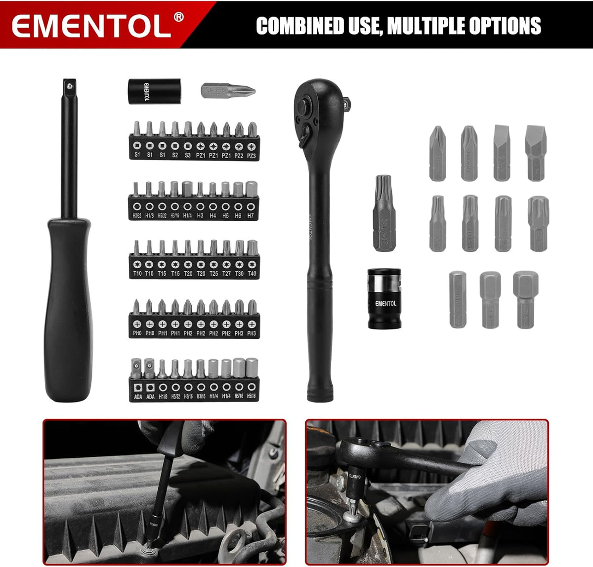 Ensemble de douilles à impact EMENTOL 189 pièces, entraînements métriques et SAE 1/4 et 3/8, acier CR-V, comprenant douilles profondes et courtes, cliquets, embouts, rallonges, douille destiné à bougies et plus encore
