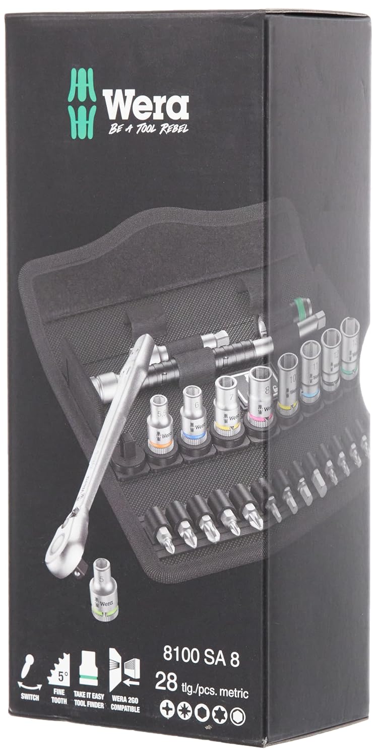 WERA 05004018001 8100 SA 8 Ensemble de cliquet métrique en métal Zyklop doté de levier de sélection, 28 pièces, entraînement 1/4