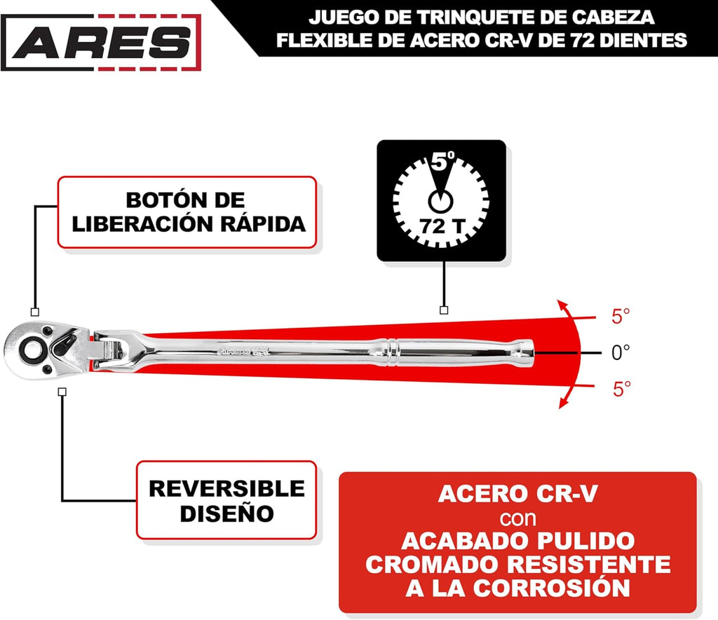 ARES 42040 - Jeu de cliquets à tête flexible - 4 cliquets 72 dents - Construction en acier au chrome-vanadium de qualité supérieure et finition chromée - Conception réversible à dégagement rapide doté de un angle de rotation de 5°