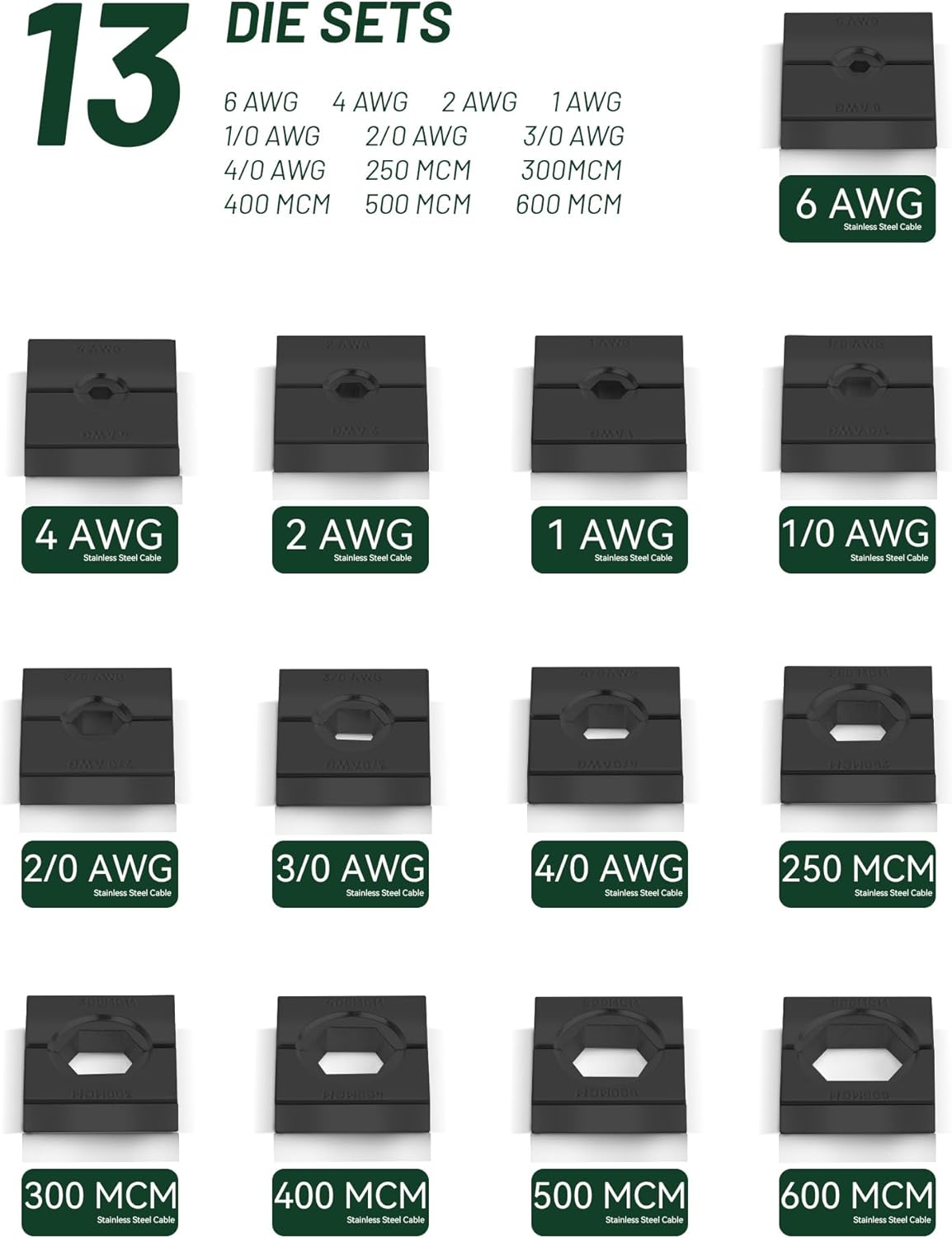 Pince à sertir hydraulique 16 tonnes destiné à cosses de câbles de batterie, doté de matrices de sertissage standard américaines, sertit les câbles de 6 AWG à 600 MCM. Dispositif de sertissage fourni doté de 13 paires de matrices de sertissage...