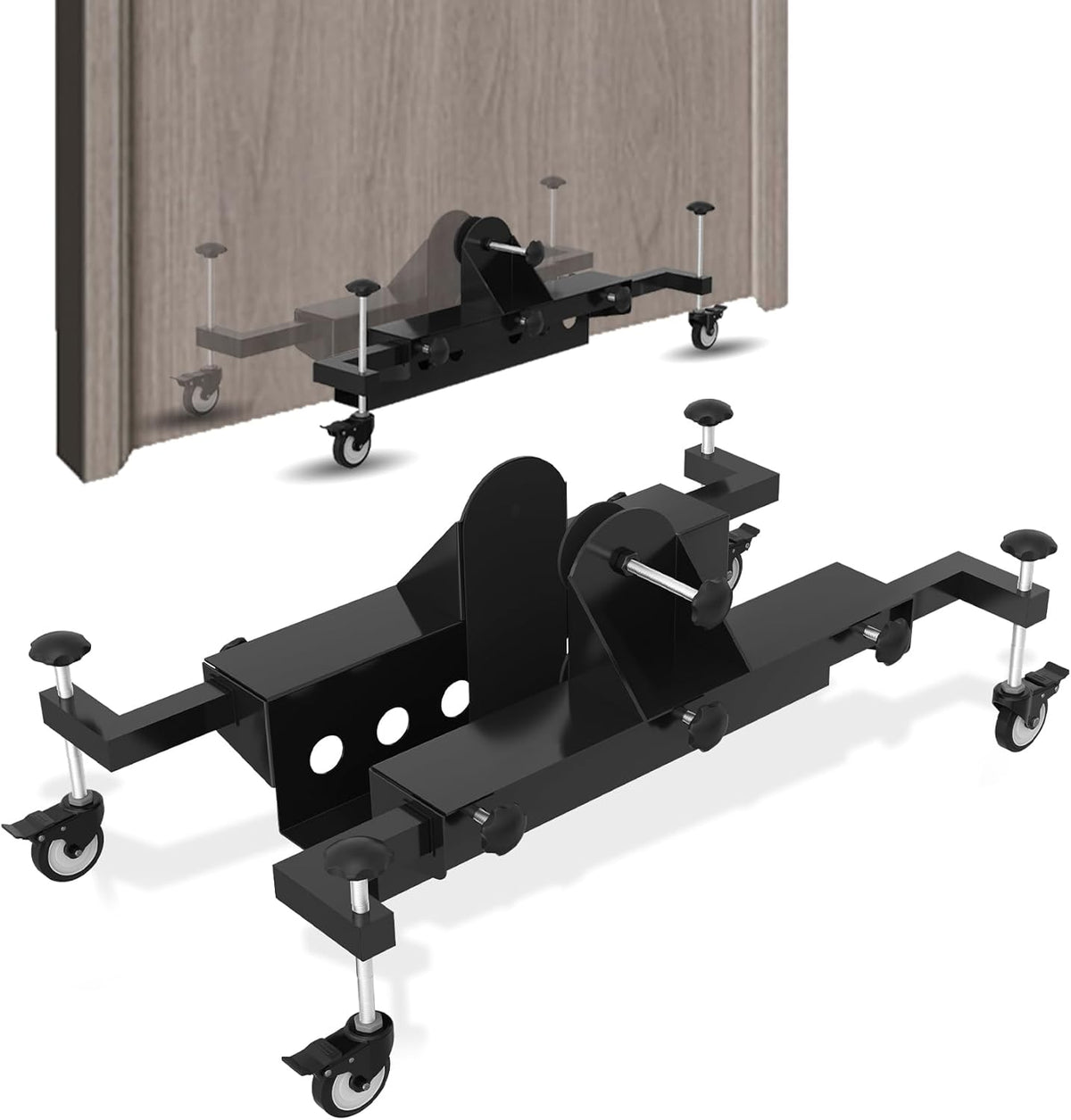 Dispositif monobloc destiné à la pose de portes, idéal destiné à une seule personne. Chariot de pose destiné à portes pré-montées d'une épaisseur maximale de 6,35 cm (2,5 pouces). Capacité de charge : 90 kg (200 lb).
