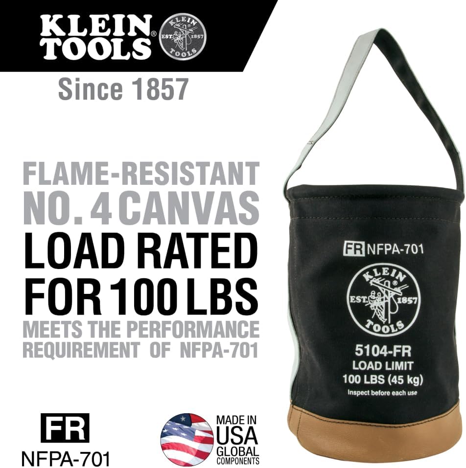 Seau en toile Klein Tools 5104FR, seau à équipements ignifugé en toile n° 4, doté de fond doublement renforcé, capacité de charge de 45 kg (100 livres).