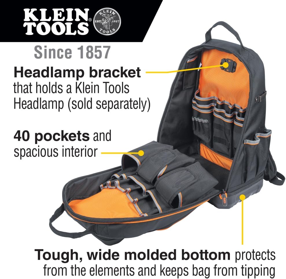 Sac à dos à équipements Klein Tools 62800BP, sac à dos de chantier Tradesman Pro extra-large à 40 poches destiné à électricien, doté de fond moulé et port de chargement