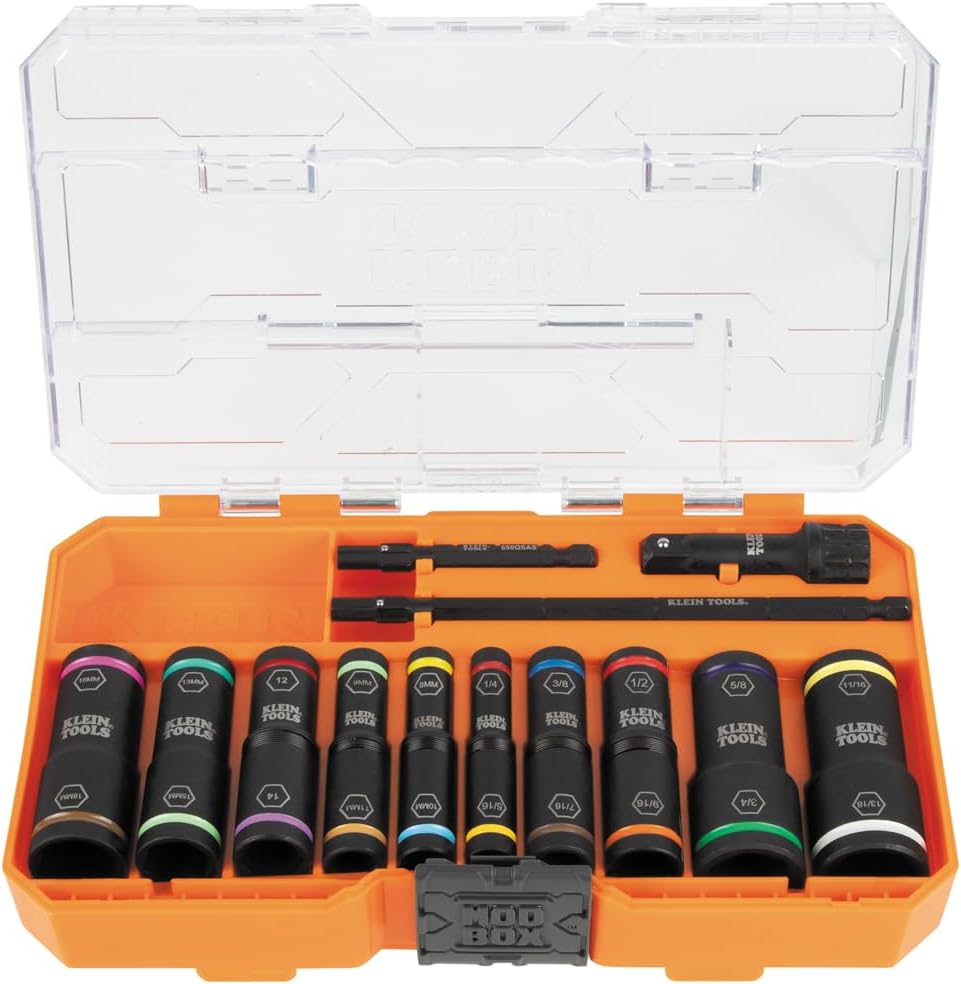 Ensemble de douilles à impact profondes Klein Tools 65239 KNECT Flip-20, 20 tailles SAE et métriques doté de coffret MODbox, douilles robustes à charnière doté de adaptateurs 1/4 et 3/8 pouces