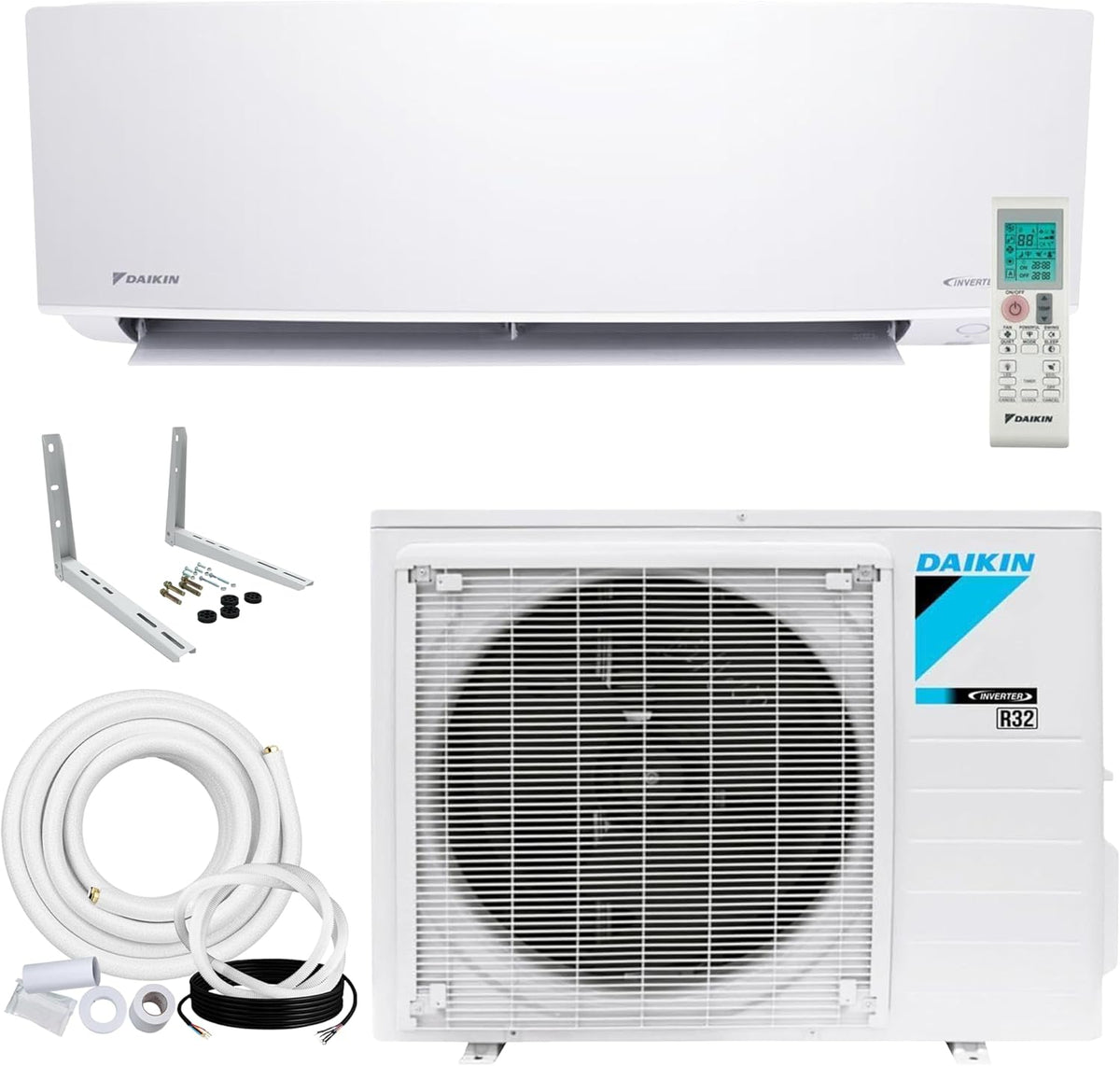 Système de pompe à chaleur mini-split sans conduit Daikin Entra R32 Series 12 000 BTU 18 SEER2 doté de kit d'installation tout inclus Maxwell de 4,57 m et support de montage mural (230 V), blanc, RXC12+FTXC12+IKM1438+WAFP24