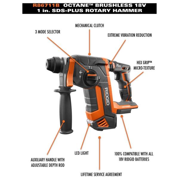 Marteau perforateur SDS-Plus sans fil RIDGID OCTANE 18 V (outil seul) R86711B – sélection pratique