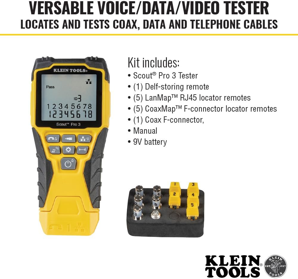 Ensemble de testeur de câbles Klein Tools VDV501-851 doté de Scout Pro 3 destiné à câbles Ethernet/données, coaxiaux/vidéo et téléphoniques, 5 télécommandes de localisation