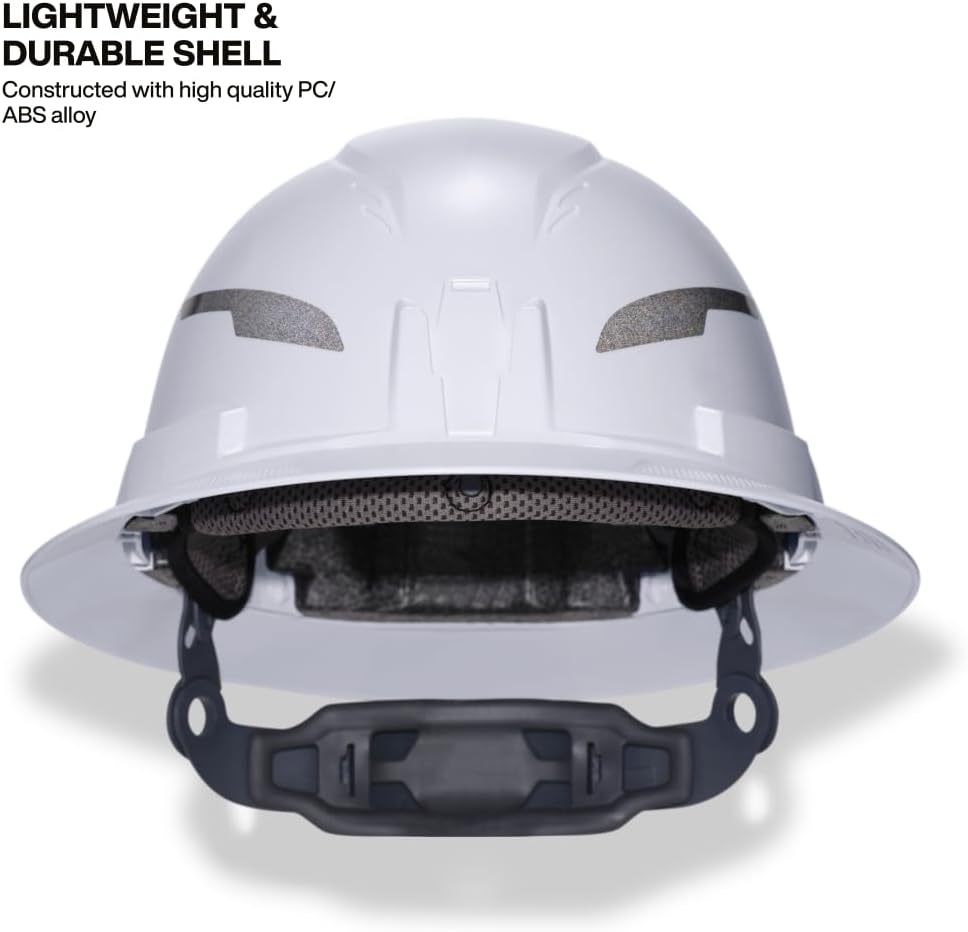 Casque de chantier Klein Tools 60407T2RL de type 2, à large bord ventilé, classe C, doté de jugulaire, suspension à 6 points doté de fixations destiné à accessoires, rembourrage lavable et lampe frontale rechargeable.