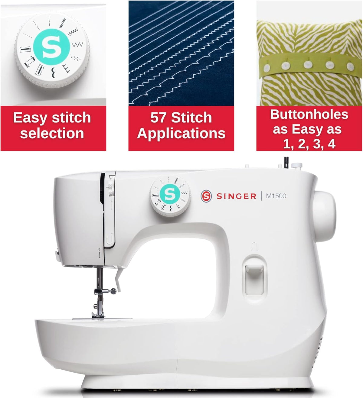 Machine à coudre SINGER® M1500 + kit d'accessoires | 6 points intégrés offrant 57 applications de couture | Légère et portable | Lumière LED et boutonnière automatique en 4 étapes | Idéale destiné à le quilting, les loisirs créatifs et les...