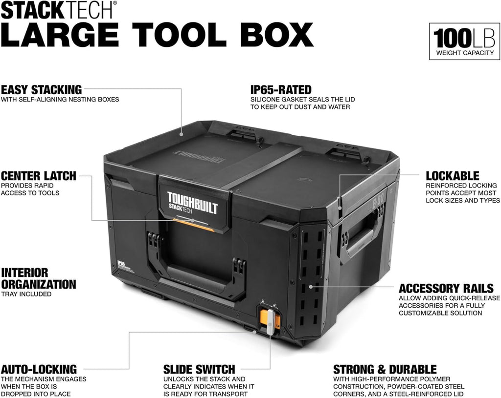 Coffret à outils pratiques ToughBuilt StackTech grand format avec interface à verrouillage automatique, couvercle auto-alignant, loquet à une main, rails pour accessoires, points de verrouillage et protection IP65