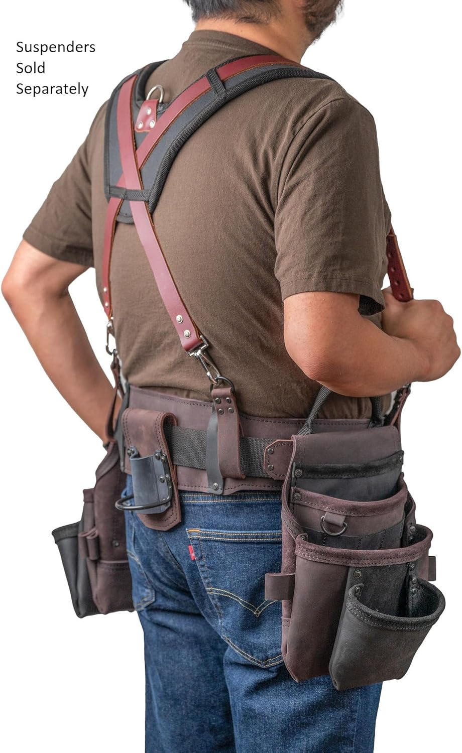 Ceinture porte-équipements LAUTUS en cuir pleine fleur robuste destiné à charpentiers, menuisiers et électriciens, 18 poches, porte-marteau, 2 anneaux en D, 2 passants, clip destiné à mètre ruban, ceinture épaisse