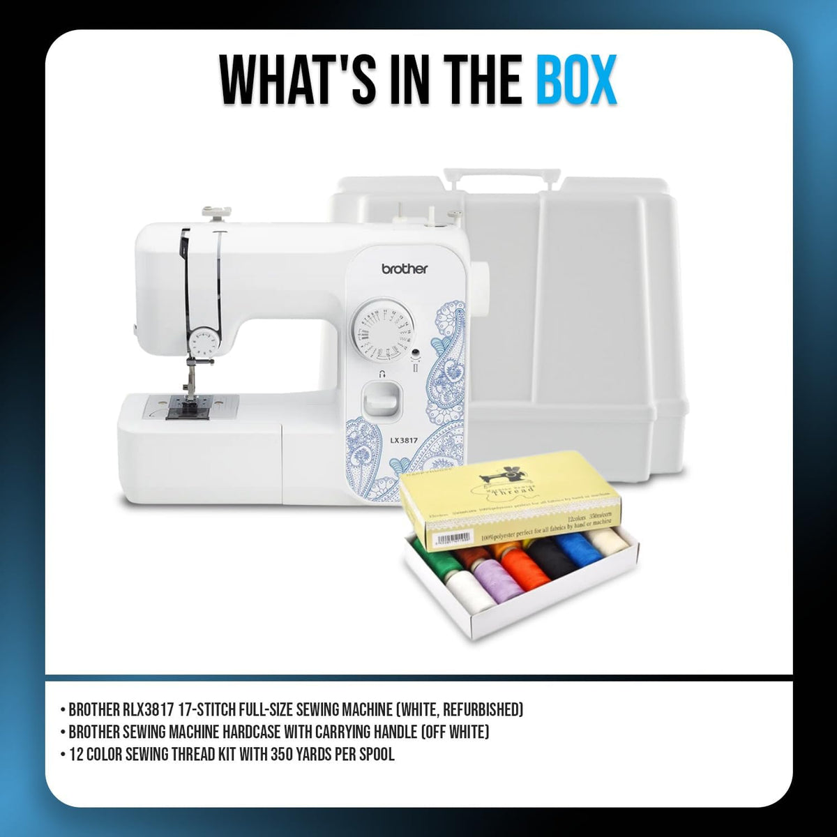 Machine à coudre Brother RLX3817 17 points (blanche) doté de étui rigide et kit de fil à coudre (3 articles) (produit reconditionné certifié)