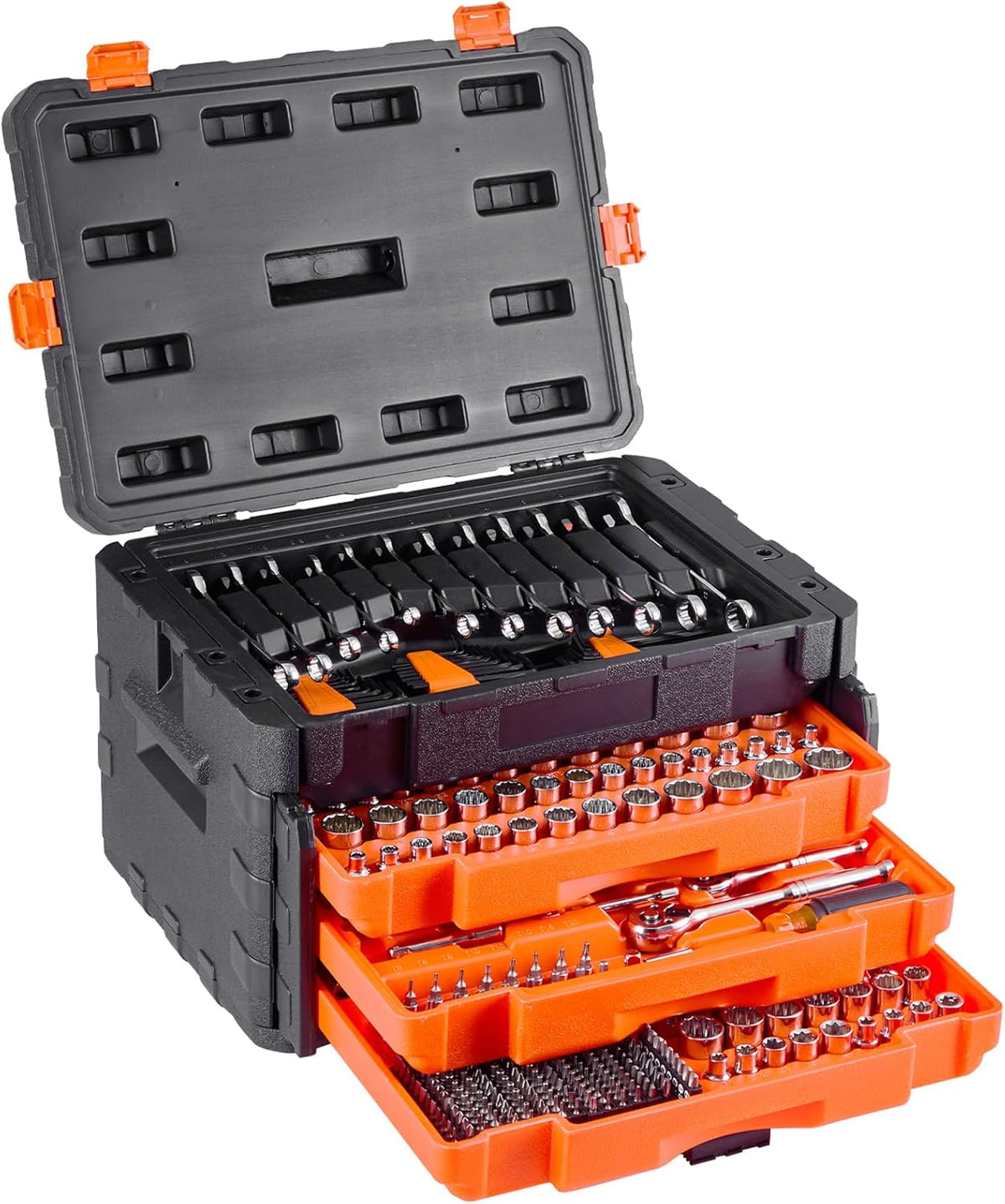 Coffrets d'équipements mécaniques et jeux de douilles, comprenant 450 pièces, disponibles en tailles 1/4 pouce, 3/8 pouce et 1/2 pouce, douilles profondes et standard, conformes aux normes de l'American Society of Automotive Engineers (ASE)