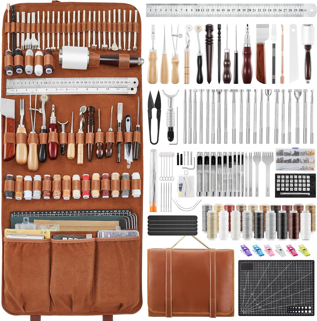 ensemble d'équipements de travail du cuir SAKERNEO, version Max, doté de tapis de découpe personnalisés destiné à sacs à main, équipements de gravure, de poinçonnage, de couture, d'estampage et de ponçage destiné à travaux manuels et réparations.