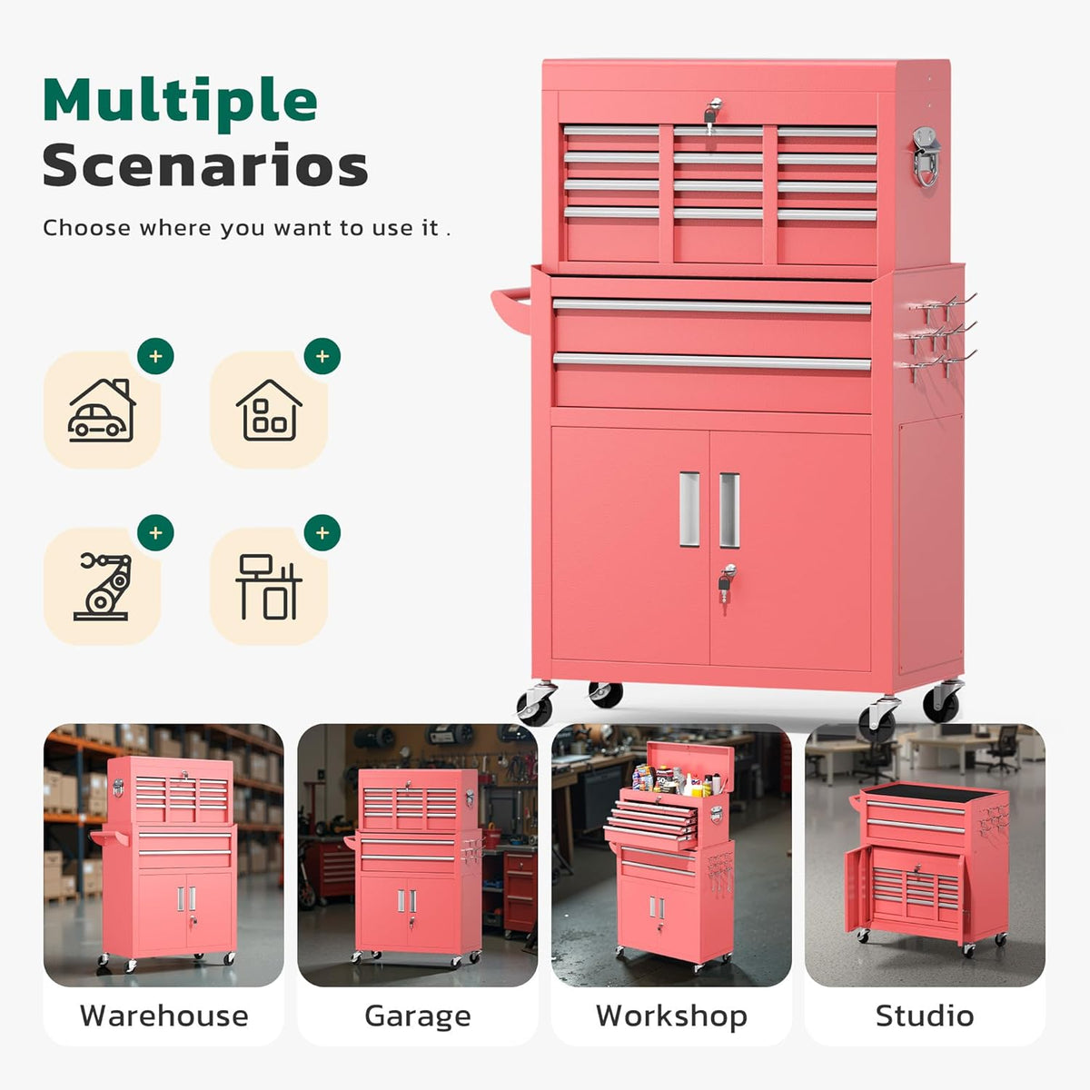 Coffre à outils Greenvelly, coffre à outils roulant à 8 tiroirs avec roulettes, compartiment supérieur amovible, livré assemblé avec doublure et crochets, idéal pour garage, atelier ou entrepôt, rose. – Pratique
