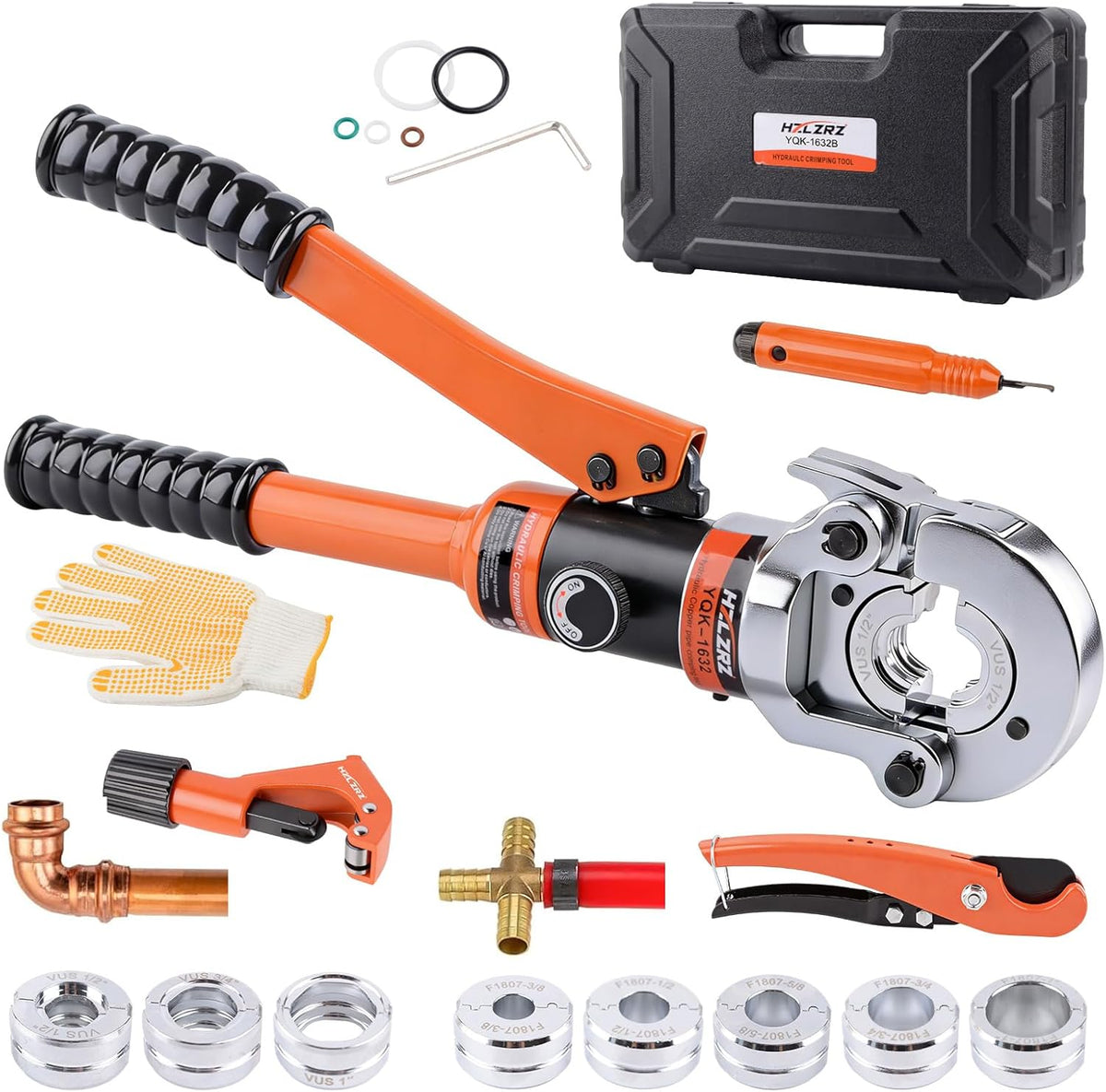Ensemble de sertissage de tuyaux en cuivre et PEX HZLZRZ Pro Press : jeu de 8 matrices destiné à tuyaux en cuivre de 1/2, 3/4 et 1 pouce, compatible doté de les anneaux en cuivre ASTM F1807 PEX (5 tailles de 3/8 à 1 pouce), outil pour usage...