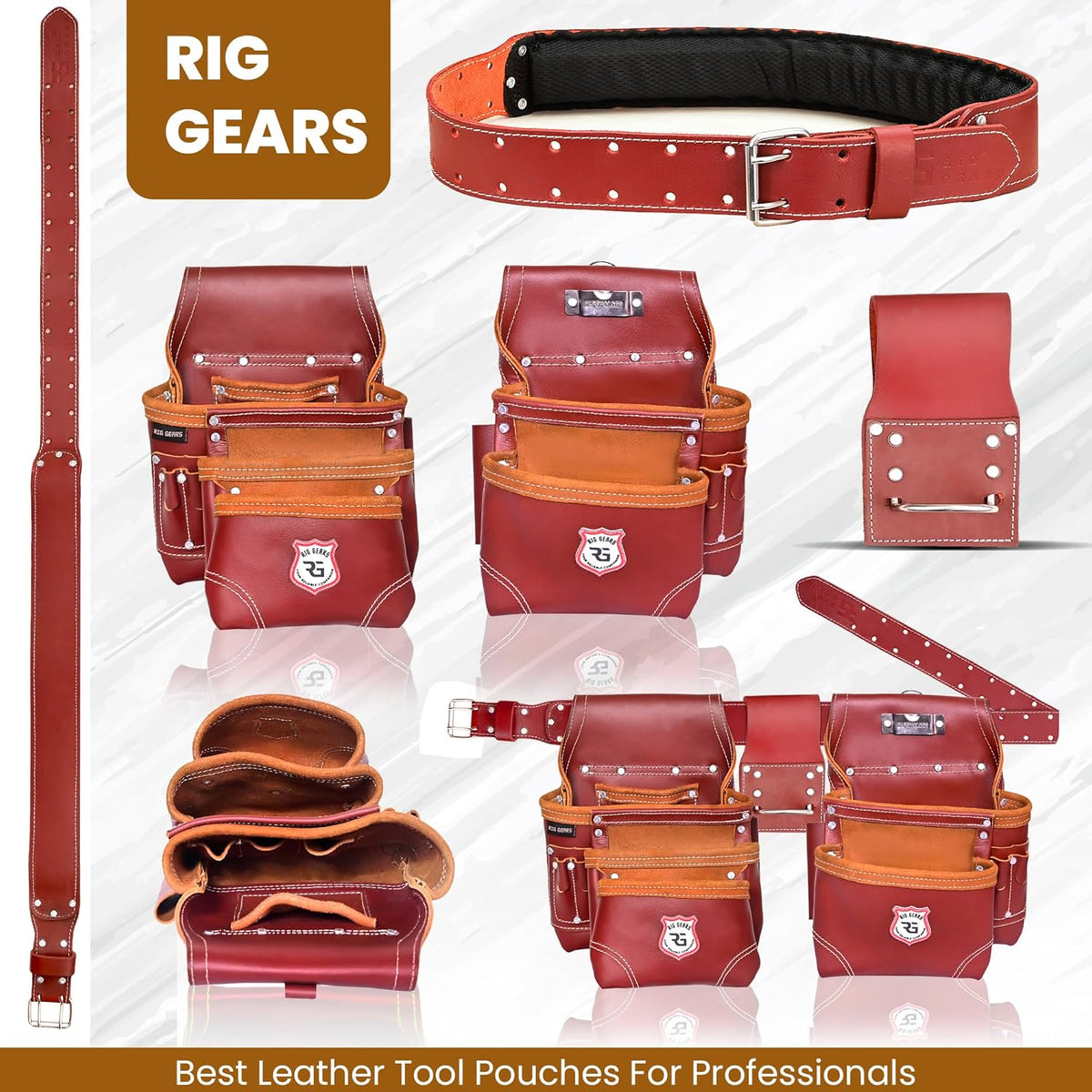 Ensemble de 11 pochettes à équipements professionnelles en cuir destiné à équipements de charpentier et d'électricien | Pochette robuste destiné à équipements de plaquiste, d'électricien et de charpentier (bordeaux, standard)