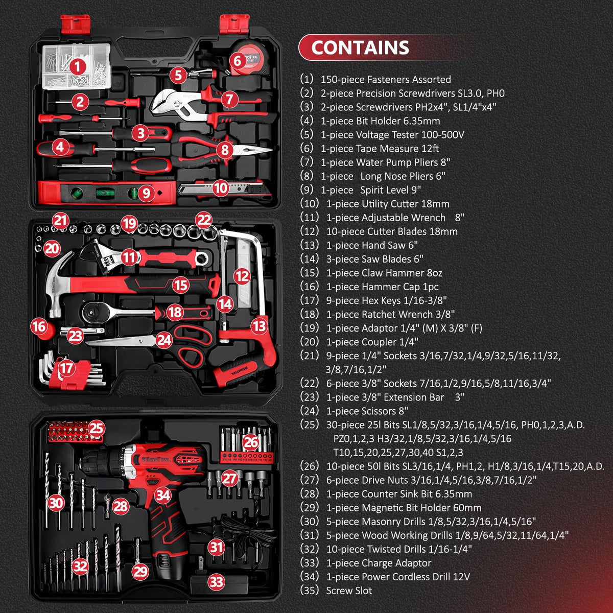 Ensemble d'équipements KINGTOOL 276 pièces doté de perceuse sans fil et boîte à équipements