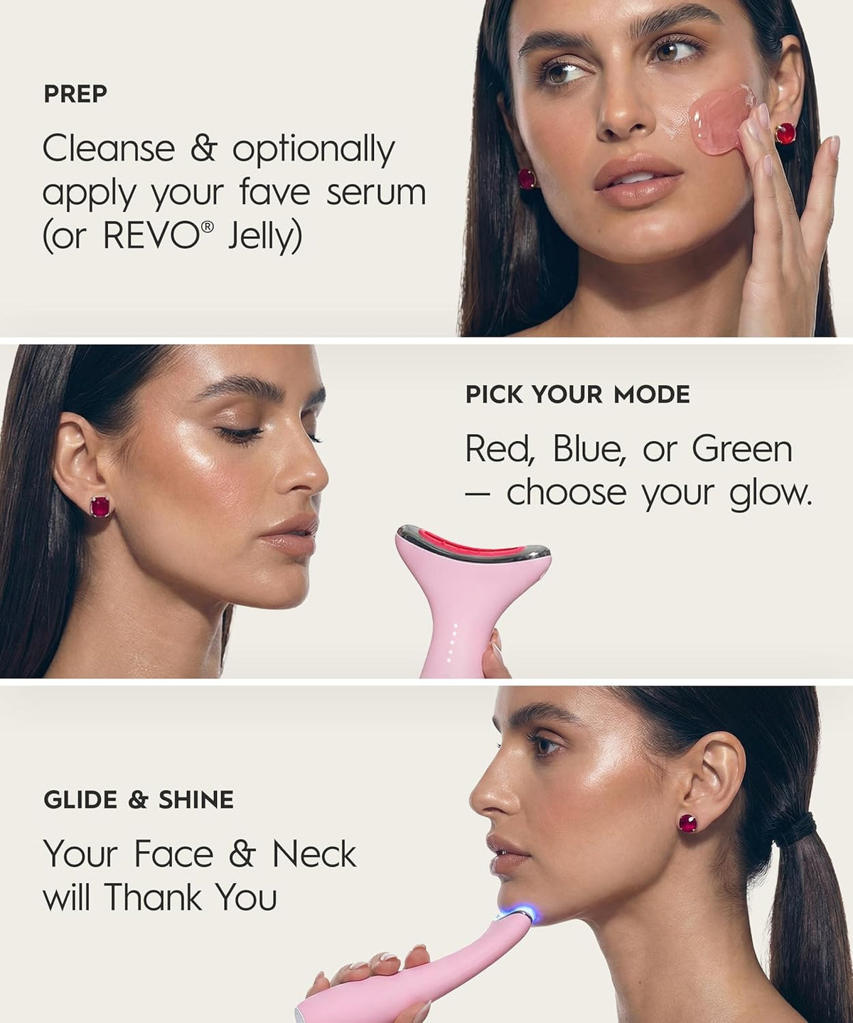 Appareil de massage facial REVO Genie destiné à le visage et le cou, lifting du visage par LED doté de chaleur et vibration, drainage lymphatique, décongestionnant, luminothérapie rouge, bleue et verte destiné à raffermir la peau et favoriser...