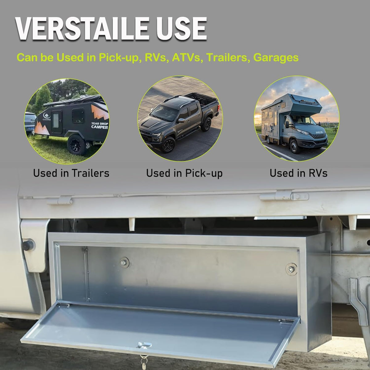 Coffre à outils pratiques en acier 18 x 12 x 14 pouces pour châssis de camionnette, avec verrouillage par poignée en T, coffre à outils robuste en acier 18 pouces pour châssis de camionnette et camping-car, coffre à outils à montage sous châssis