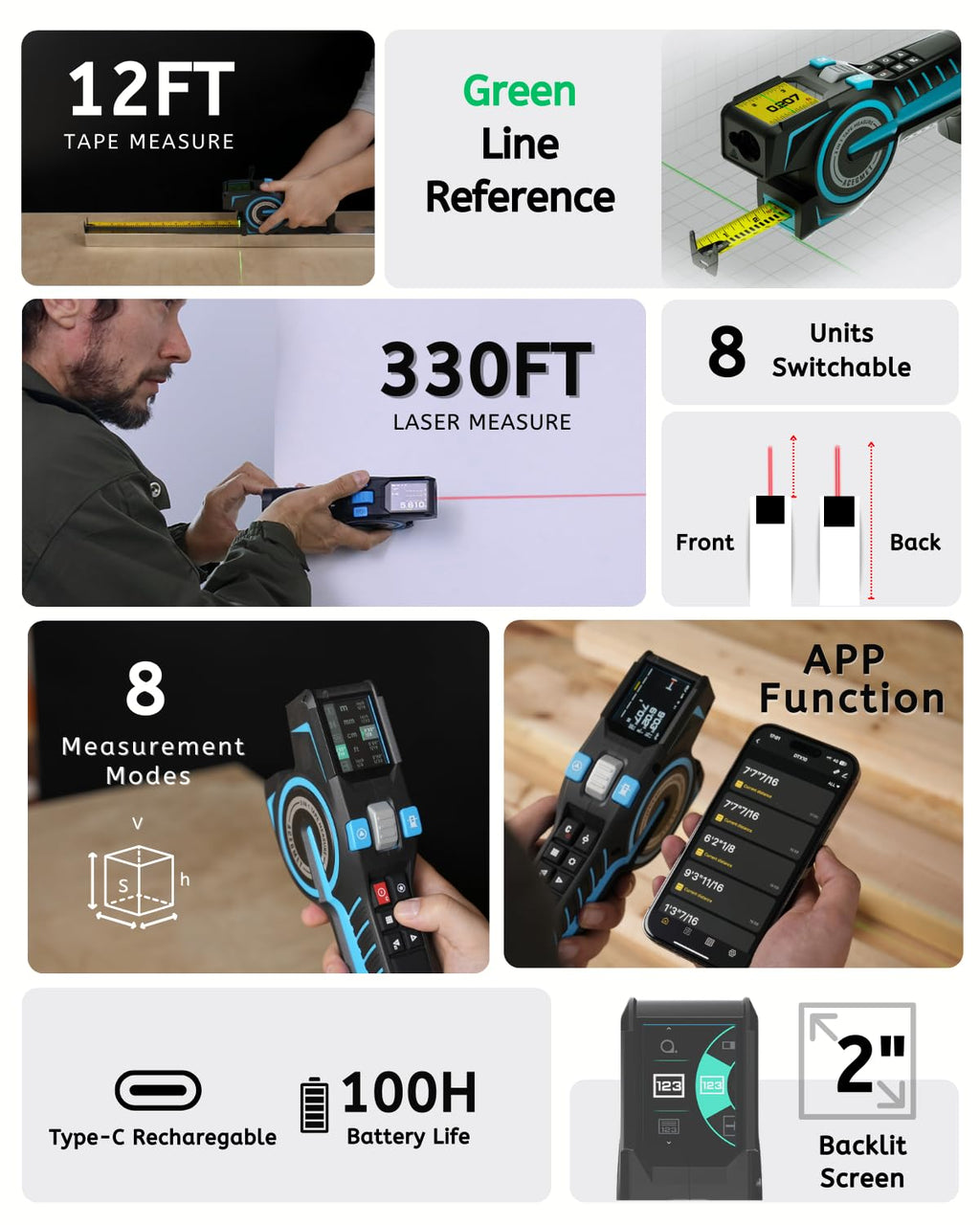 Mètre laser numérique ACEGMET DTX10 doté de laser d'alignement vert, portée laser de 100 m et ruban en acier de 3,7 m, haute précision, rechargeable par USB-C, synchronisation doté de une application intelligente, outil de mesure destiné à la...