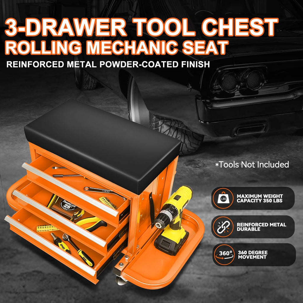 Coffre à outils à 3 tiroirs PM PERFORMOTOR avec siège de mécanicien roulant et plateaux à outils, capacité de charge maximale de 159 kg, orange, PM-TOL-RST1-OG – Pratique