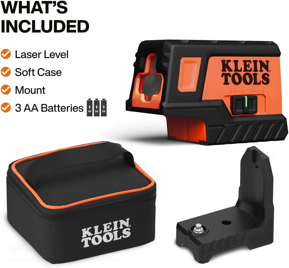 Niveau laser compact autonivelant Klein Tools 93MCLPG doté de point d'aplomb, ligne croisée verte brillante, portée de 23 m (75 pieds), classe laser 2, puissance de sortie