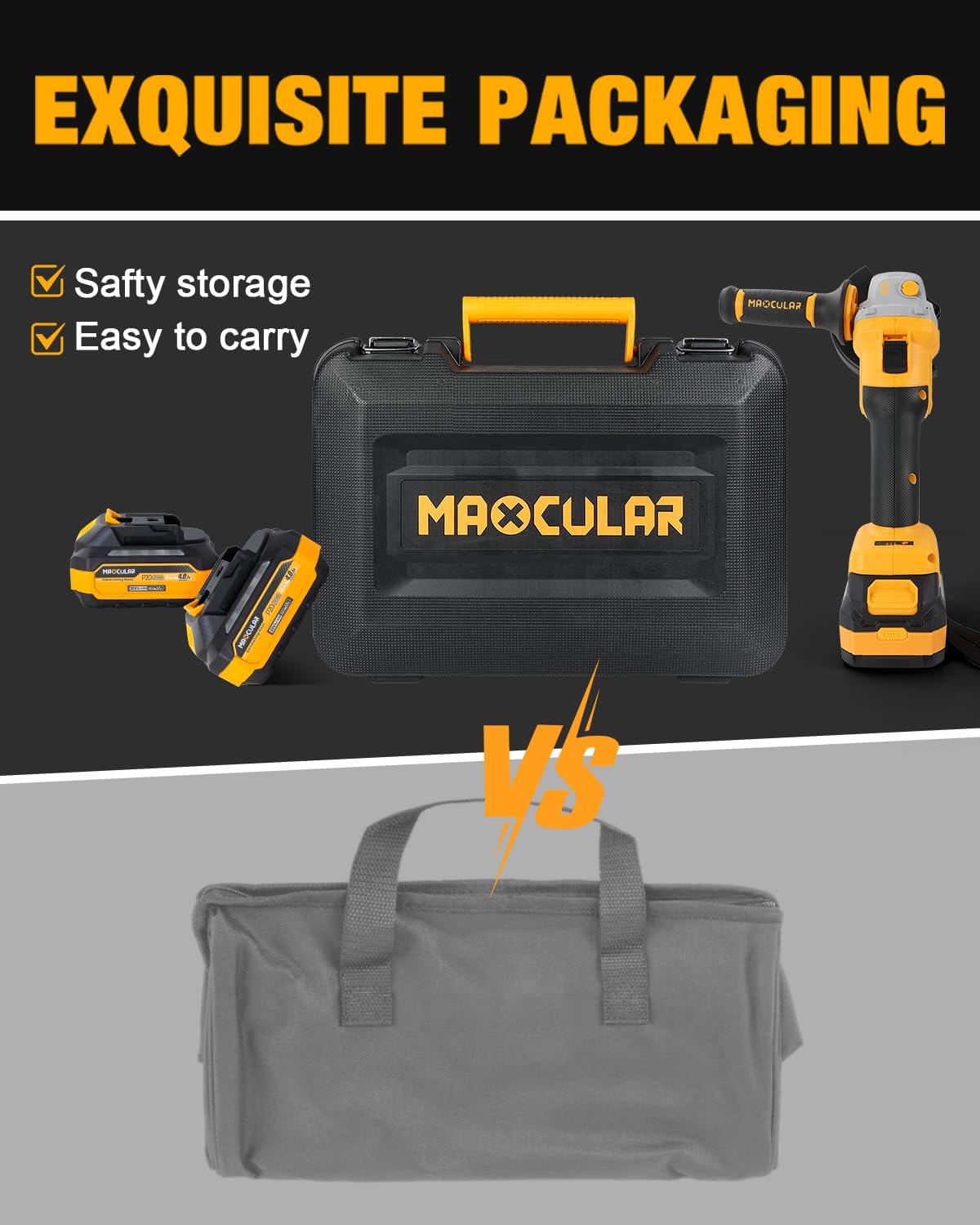 Meuleuse d'angle sans fil 20 V, moteur sans balais 9 600 tr/min, alésage de 11,4 à 12,7 cm, ensemble d'équipements de meulage électrique doté de 2 batteries de 4,0 Ah, destiné à la découpe, le meulage et le polissage.