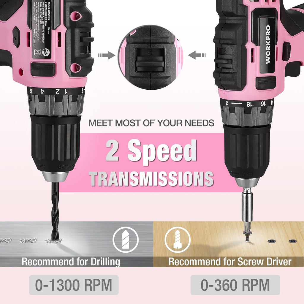 Perceuse-visseuse sans fil WORKPRO 20V rose et coffret d'outils pratiques pour la maison, kit de 141 pièces pour le bricolage et l'entretien de la maison, batterie Li-ion 2,0 Ah, chargeur rapide 1 heure et coffret à outils inclus - Ruban rose