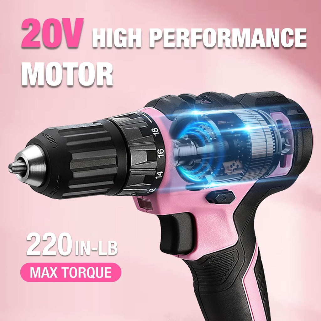 Perceuse-visseuse sans fil WORKPRO 20V rose et coffret d'outils pratiques pour la maison, kit de 141 pièces pour le bricolage et l'entretien de la maison, batterie Li-ion 2,0 Ah, chargeur rapide 1 heure et coffret à outils inclus - Ruban rose