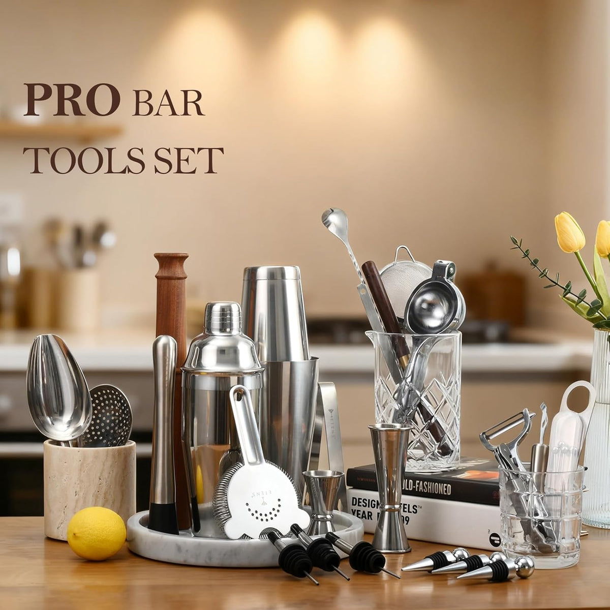 Ensemble de barman pour usage professionnel ETENS 33 pièces doté de shaker Boston lesté – Ensemble de mixologie haut de gamme destiné à bar à domicile – Ensemble d'ustensiles de bar en acier inoxydable comprenant un presse-agrumes incassable, une...